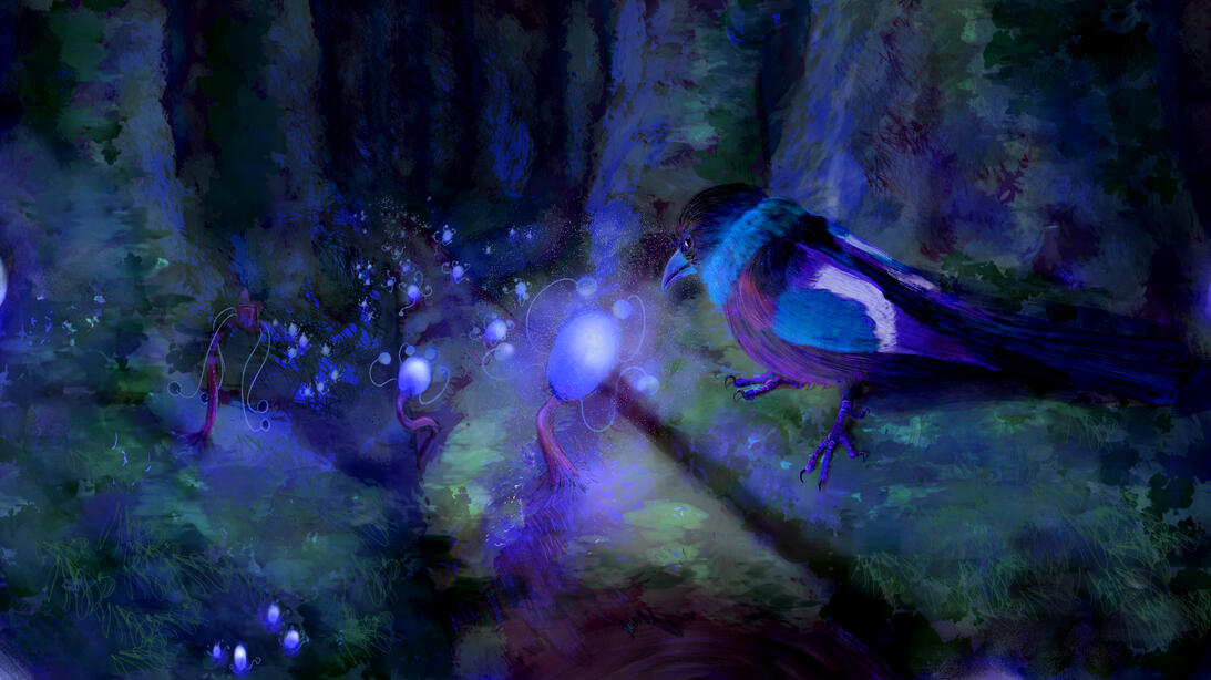 A young bird considers whether to eat a delectable glowing berry.